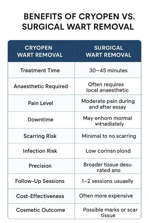 Table showing the benefits of cryopen to remove warts Stockport compared to surgical treatment